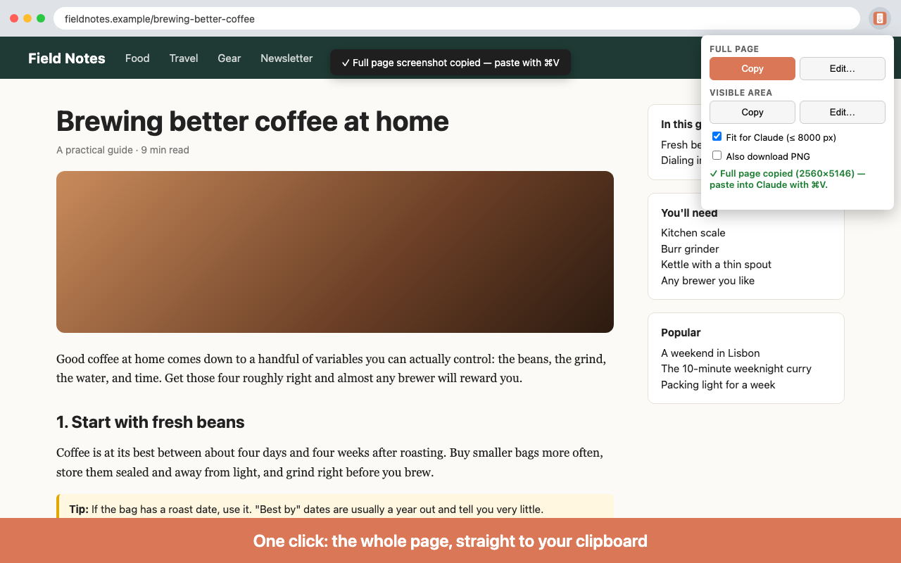 The Full Page Clip popup after copying a full page to the clipboard