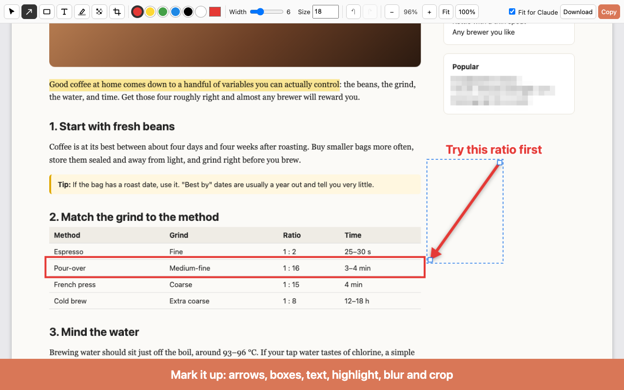 The Full Page Clip editor with an arrow, a box, a highlight and a text label